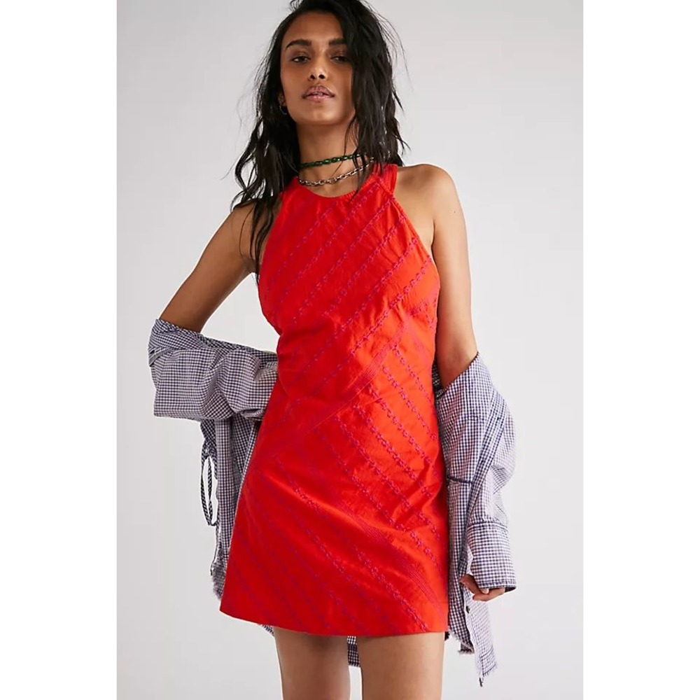 Free People Juni Mini Dress Red Embroidered Halter Open Back Size Large
